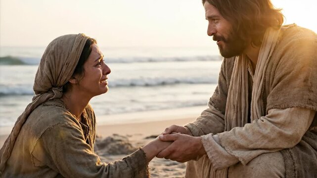 Woman crying and holding hands with a man on the beach. Depiction of a religious moment of comfort and spiritual connection.