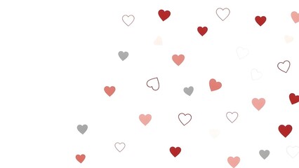 Scattered red, pink, and grey hearts on a white background for minimalist romantic design and confetti effect