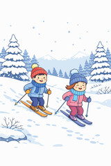 Children Playing In Winter Snow Illustration