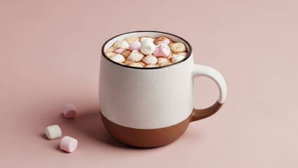 Cozy mug of hot chocolate with colorful mini marshmallows on pink