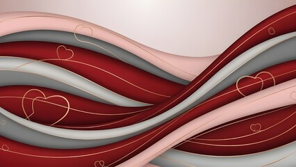 Abstract Elegant Wavy Background with Gold Heart Outlines in Red Pink and Grey Tones