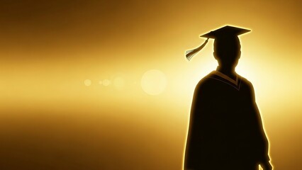 Successful graduate silhouette stands proudly against a bright golden background
