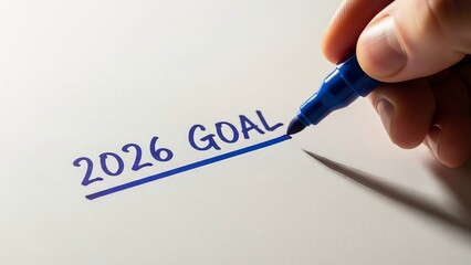 Human hand writing '2026 goal' on blank paper with a blue marker.