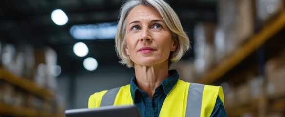 Focused employee using digital tablet managing logistics amid the bustling energy of the warehouse.