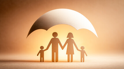 Family insurance banner featuring paper-cut silhouettes of family members standing under a protective dome, symbolizing care, safety, unity, and long-term protection.