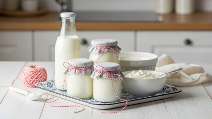 Fresh dairy milk bottle, yogurt jars, and cream in a bright kitchen