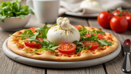 Fresh pizza with burrata, arugula, tomatoes on a rustic wooden table