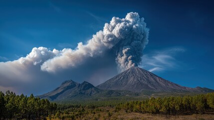 Fototapeta premium Erupting Volcano Spewing Ash and Smoke Against Clear Blue Sky Surrounded by Lush Green Forest Landscape Captured in Stunning Detail