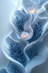A beautiful paper sculpture of an abstract floral design in white and blue, placed on a clean background. Generative AI