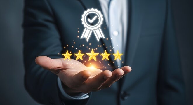 A hand holding five gold stars with a quality assurance badge above them in a dark setting