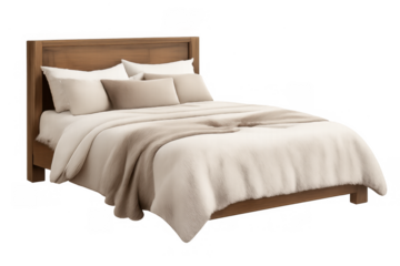 Wooden double bed with clean cream and beige bedding, soft pillows, providing comfort for an inviting bedroom interior