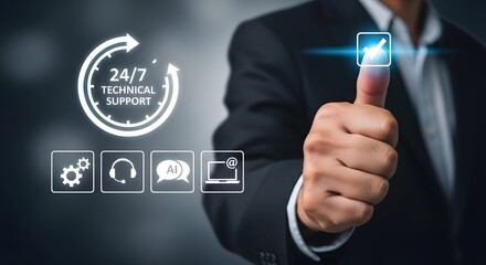 A person giving a thumbs up with icons representing technical support and assistance services