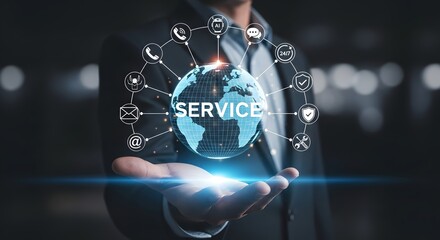 A person holding a globe with the word service and connected to various service icons around it
