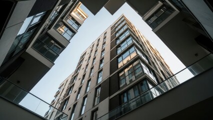 Looking up at sleek, modern apartment buildings against blue sky