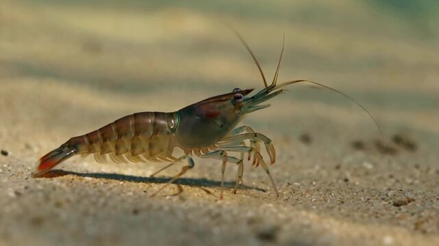 close-up macro live sea shrimp moving gracefully sandy ocean floor, shell legs underwater sunlight rays, slow-motion natural movement, photorealistic, cinematic 4K subtle floating particles in water
