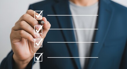 A person in a suit marking a checklist with a pen, indicating completed tasks and progress made
