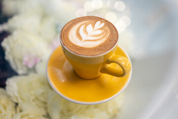 Top view of hot cappuccino, focus selective