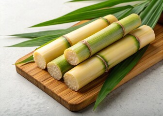 Fresh sugarcane stalks and cut pieces with leaves isolated on white.