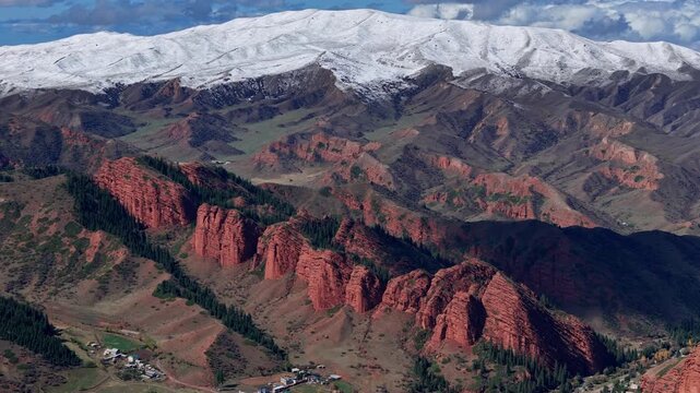 Red Canyon Ridges Jeti Oguz Kyrgyzstan With Snowcapped Peaks Drone View