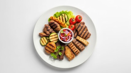 Top-down view of grilled meat and veggie platter with fresh salad