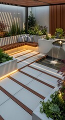 Modern outdoor living space features contemporary design elements and integrated water feature
