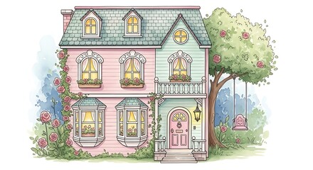 Charming two-story dwelling illustrated with soft pastel colors and climbing roses