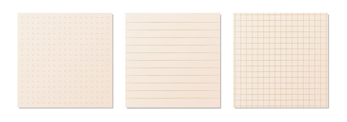 Vector set of beige grid paper textures. Seamless notebook page backgrounds with dotted lined and squared patterns for digital planning stationery and bullet journal design.