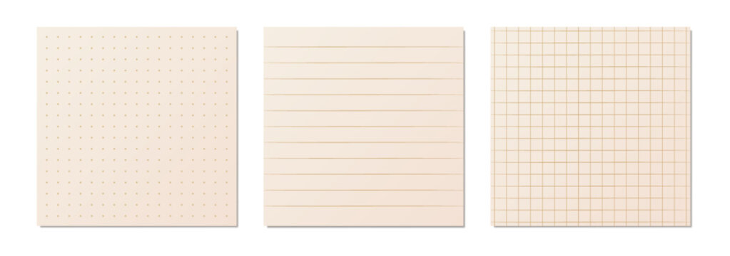 Vector set of beige grid paper textures. Seamless notebook page backgrounds with dotted lined and squared patterns for digital planning stationery and bullet journal design.