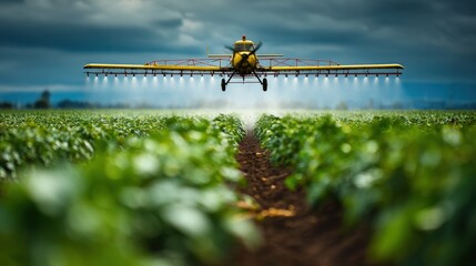 Yellow crop duster airplane spraying agricultural field under dark sky