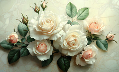 A cluster of white and light pink roses with green leaves, set against a soft, light marble background. Generative AI