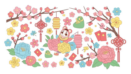 Colorful floral pattern with cartoon character, cherry blossoms, lanterns, and red envelopes on white background, symbolizing with happy