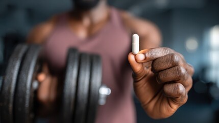 Man Holding Supplement Capsule with Dumbbell in Gym Setting, Focus on Health and Fitness for Strength Training Enthusiasts and Bodybuilding Goals