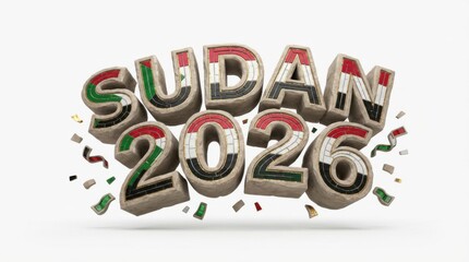 celebratory sudan 2026 made of 3d carved stone digits inlaid with flag colors isolated on white background dynamic 3d new year typography perfect for new year posters cards and social media templates