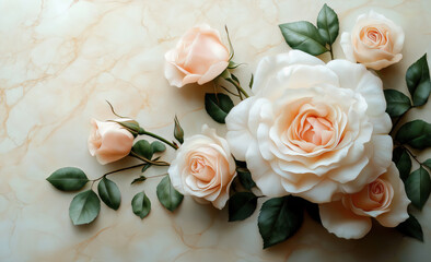 A cluster of white and light pink roses with green leaves, set against a soft, light marble background. Generative AI