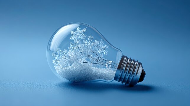 A clear glass lightbulb houses a delicate collection of sparkling snowflakes and a frosty interior, set against a solid blue backdrop