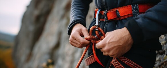 climber adjusting harness straps for safety prior to ascent