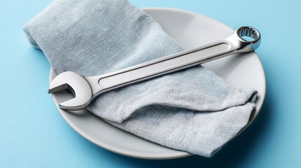 A shiny silver wrench rests on a light blue napkin, which sits on a white plate. The background is a vibrant light blue