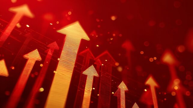 Four golden arrows rising upwards in a stair-step pattern against a solid red background, symbolizing growth, progress, and upward trend.