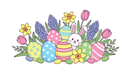 Colorful easter eggs with bunny surrounded by spring flowers and foliage in a vibrant festive arrangement for holiday decoration