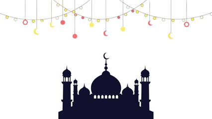 Islamic mosque silhouette with crescent moon and lanterns, ramadan decoration, eid al fitr celebration, religious holiday with cultural