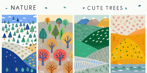 Stylized nature illustration featuring four seasonal landscape panels with trees