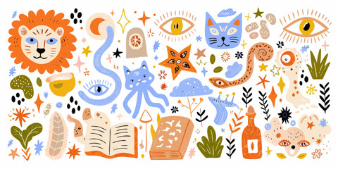 Mystical creatures and magical objects in a whimsical colorful illustration