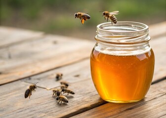 Handmade honey jar, with bees.