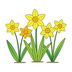 Obraz premium A sunlit field of yellow daffodils sways in the breeze, painting the landscape with golden blooms, fresh green leaves, and the joyful promise of spring. 