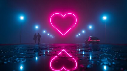 Couple walking under neon heart sign on a rainy night