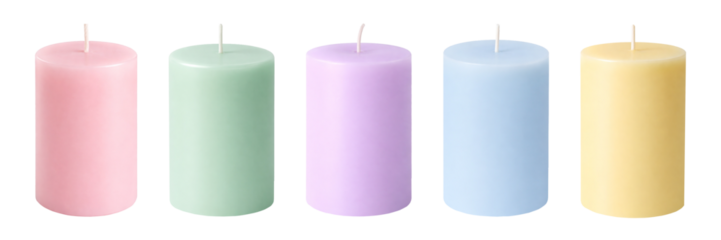 Сandle product set in soft pastel shades, isolated on a white background. Elegant classic composition ideal for home decor, celebrations, lifestyle branding and minimalist design projects.