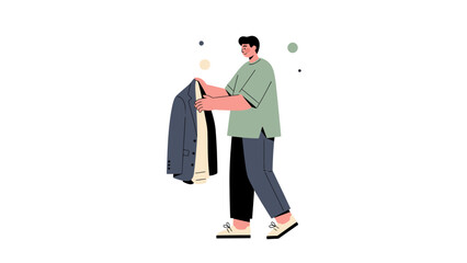 Young man organizing his wardrobe with a jacket in a modern minimalist illustration style
