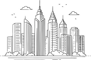 Modern City Skyline Line Art &ndash; Minimal Urban Architecture Outline Illustration