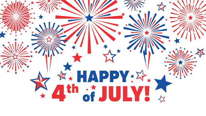 Vibrant red, white, and blue fireworks and stars celebrate happy 4th of july with bold typography on a clean white background with USA