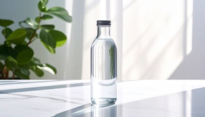 Clear glass bottle of water beside white ceramic pot with green plant on marble surface in sunlight.